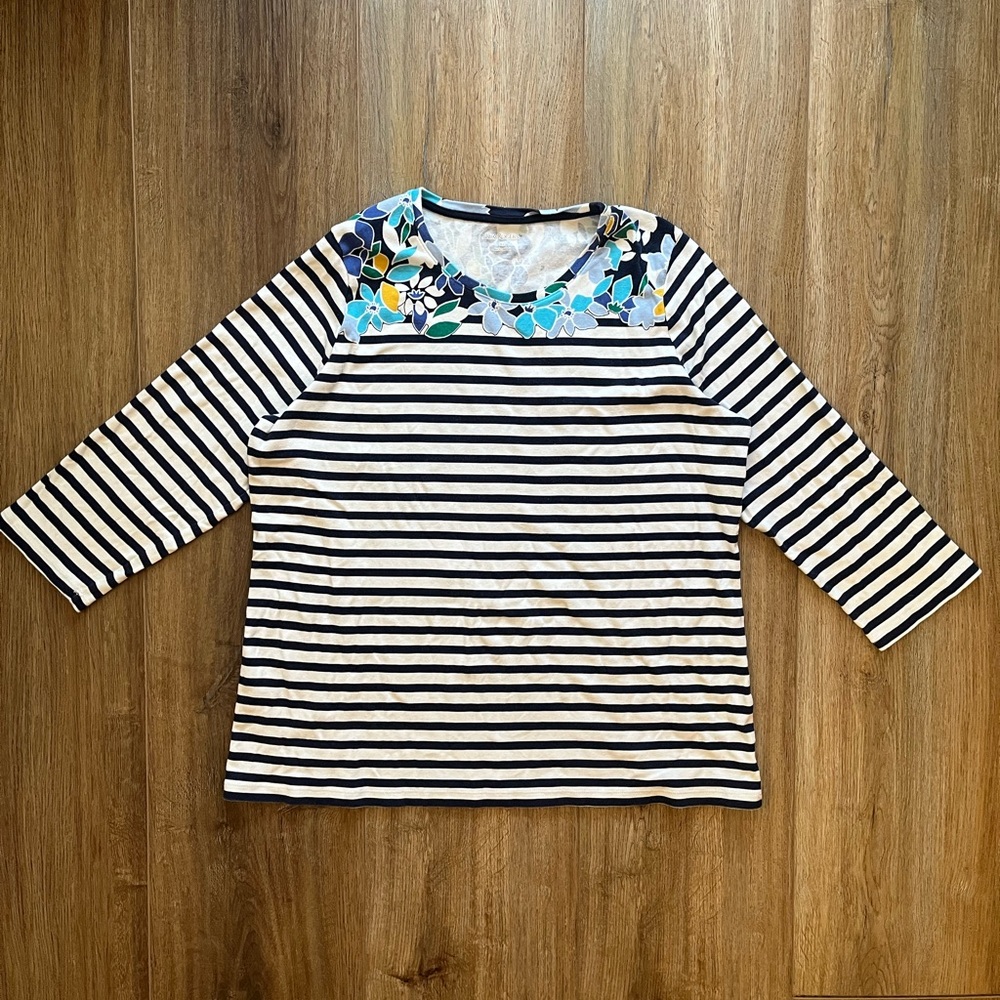Navy/ White Stripe Kim Rogers Crewneck Three-Quarter-Sleeve Top